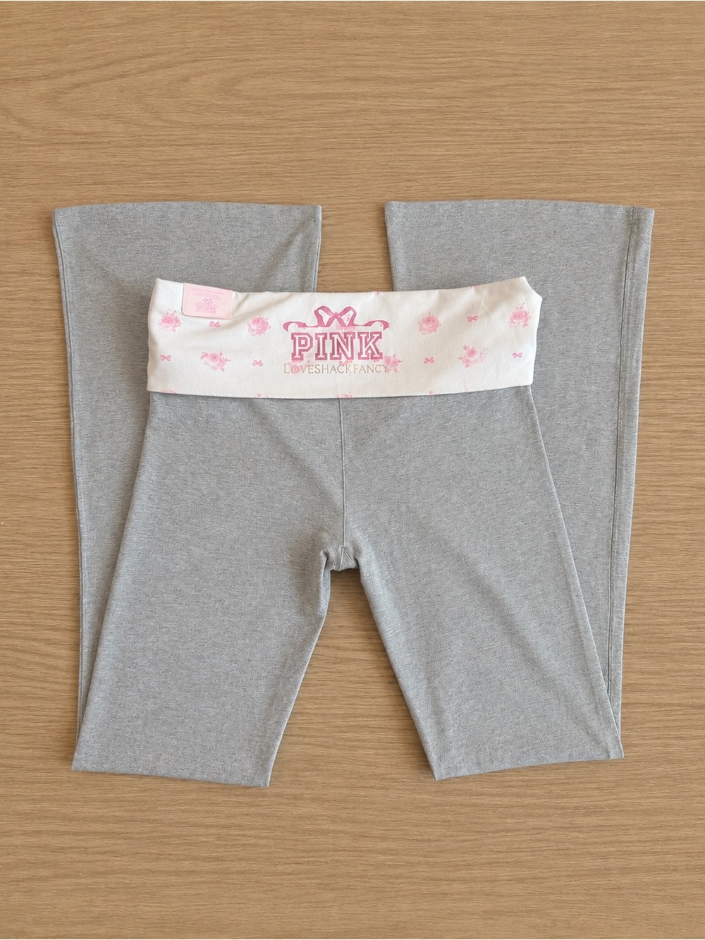 PINK X LoveShackFancy Grey Cotton Foldover Flare Leggings Size Small NWT